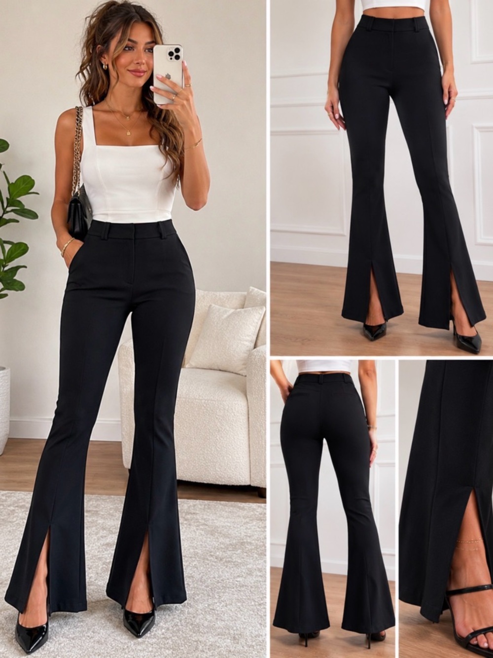 Zara Black Split Hem Flare Pants Size S Stretch Dress Pants